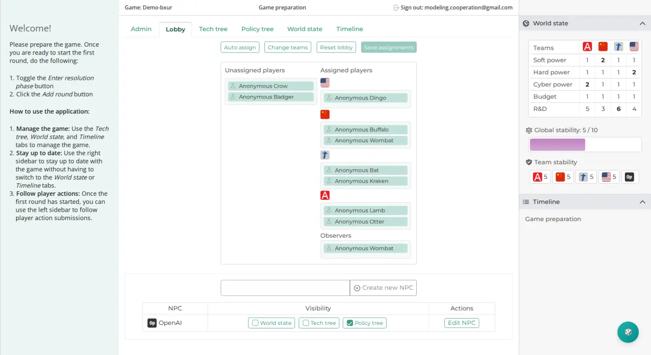 Screenshot of the Intelligence Rising session flow